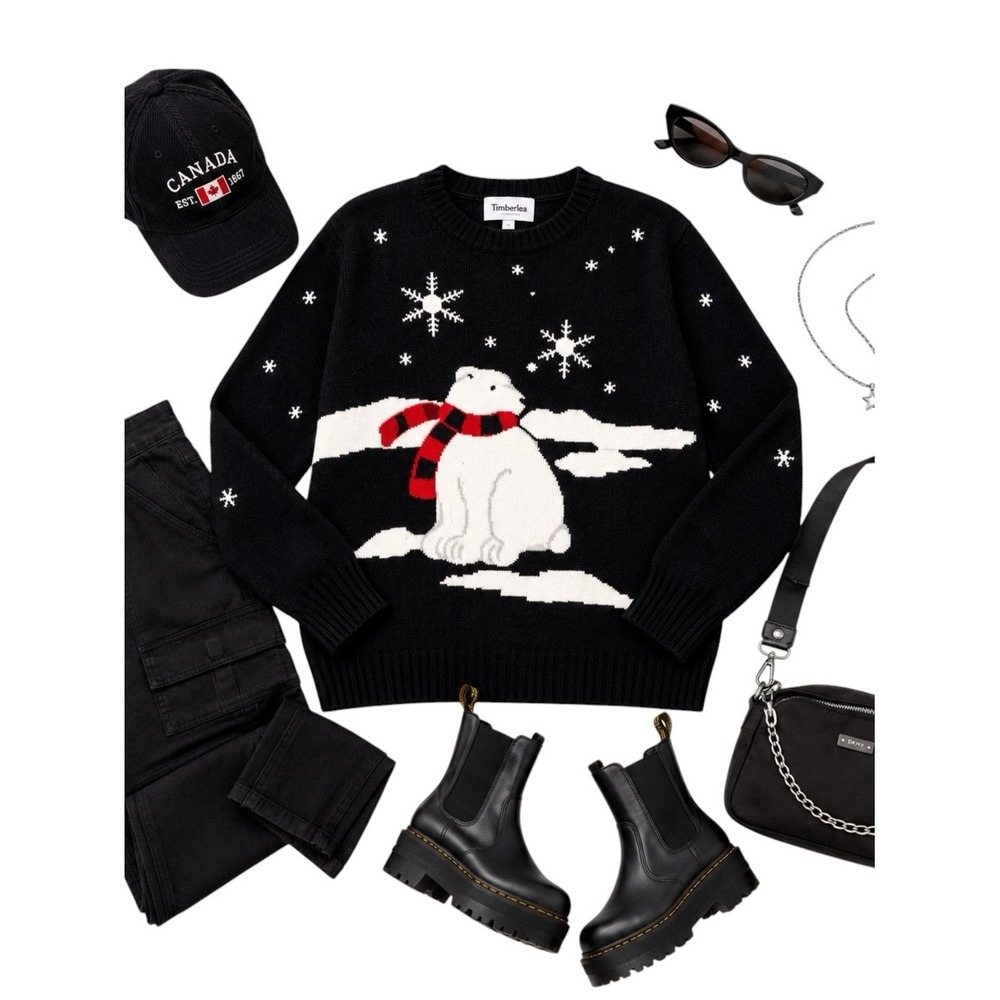 Timberlea Polar Bear Snowflake Sweater Black Red Scarf Vintage XL in GUC